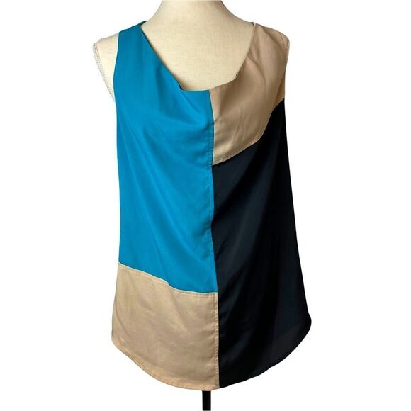 Allen B Blue Black Cream Color Block Sleeveless Round Neck Blouse size L - Picture 1 of 12
